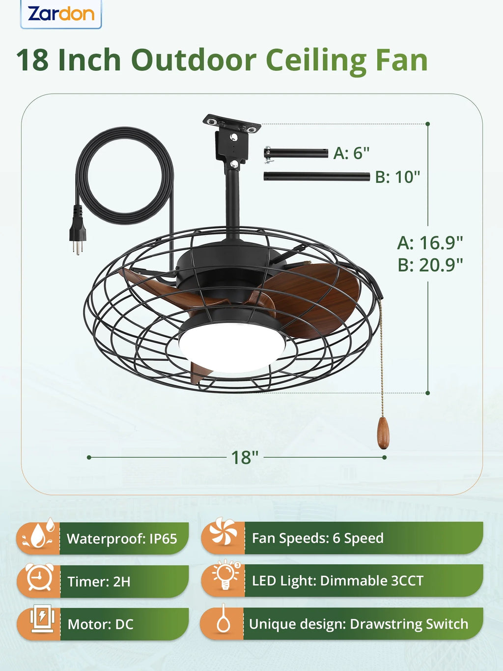 Zardon 20" Outdoor Ceiling Fan with Light and Remote, 7 Blades Caged Waterproof Gazebo Fan for Patio, Porch, Pergola Canopy, App Control