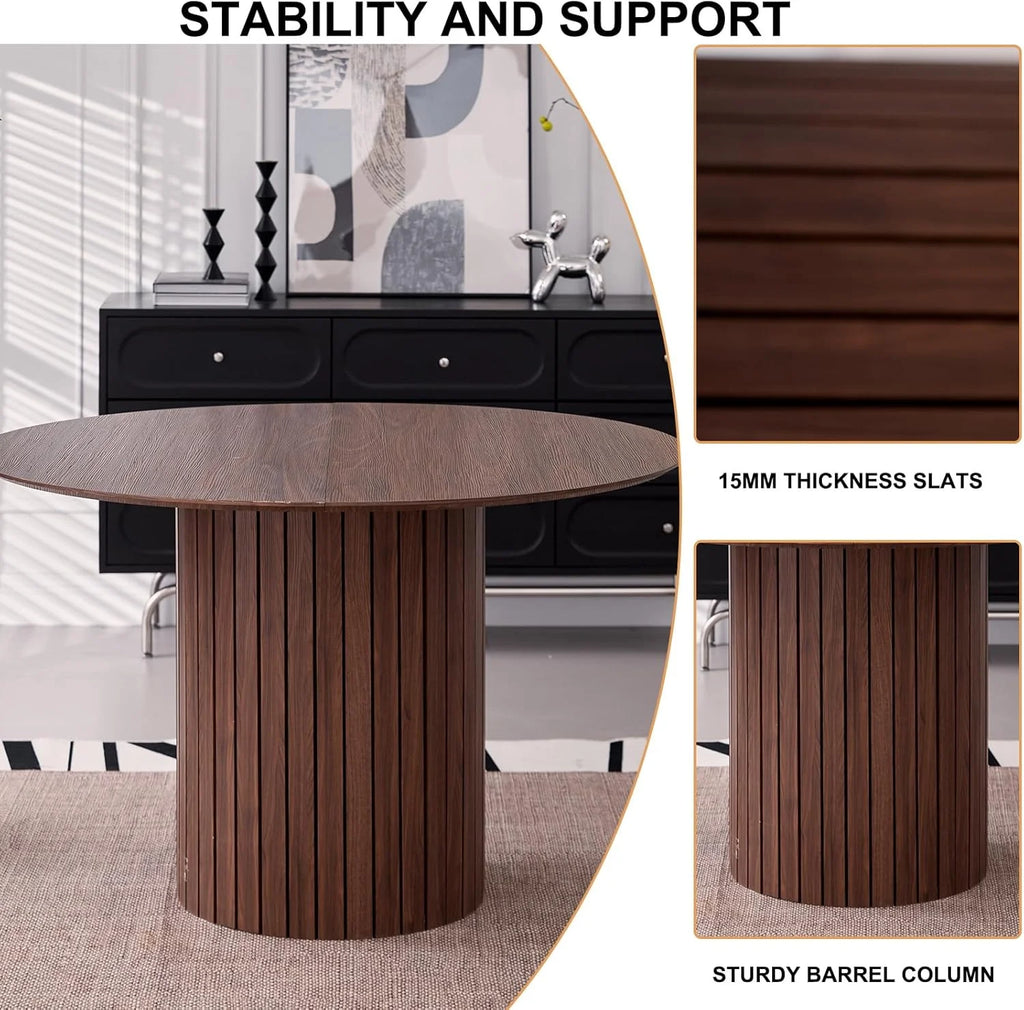 5 Piece Round Dining Table Set - Mid-Century 47 inch Oak Dining Table with 4 Brown Faux Leather Chairs Set, Dinner Table & Chair with Metal Legs for Kitchen Dining Room, Apartment, Bedroom
