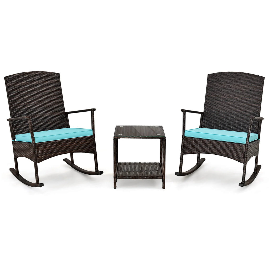 Costway Serenity 3 Piece Patio Rocking Wicker Rockers with White Cushions 2 Tier Coffee Table