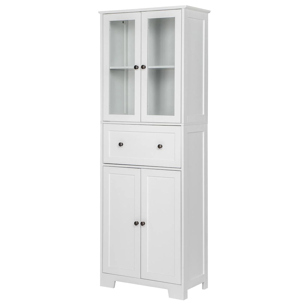 Ktaxon 64" Tall Bathroom Storage Cabinet Organizer, Freestanding Kitchen Pantry Cabinet Line Tower with 2 Glass Doors, Large Drawer & 4 Adjustable Shelves for Dining Room Living Room Home Office,White