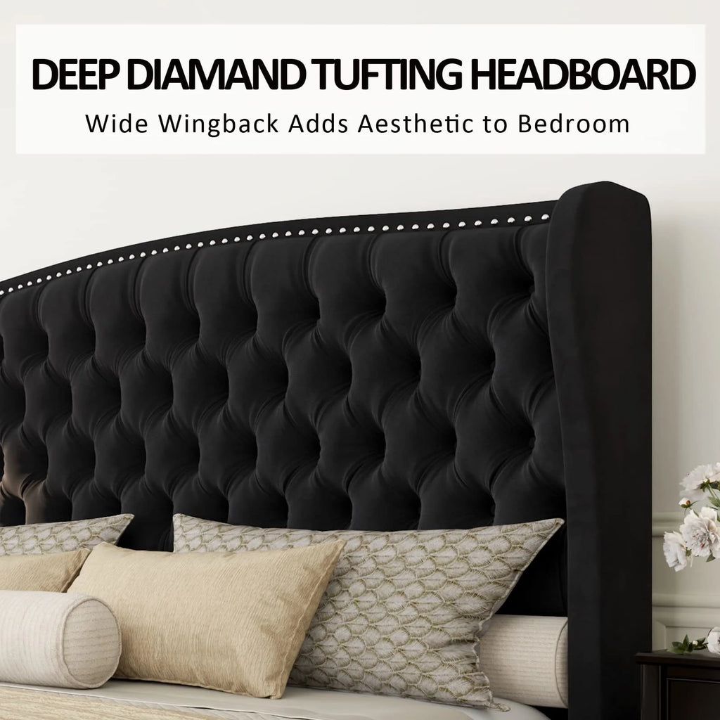 VANACC Queen Size Bed Frame, Velvet Upholstered Bed with Deep Button Tufted Wingback Headboard��Grey