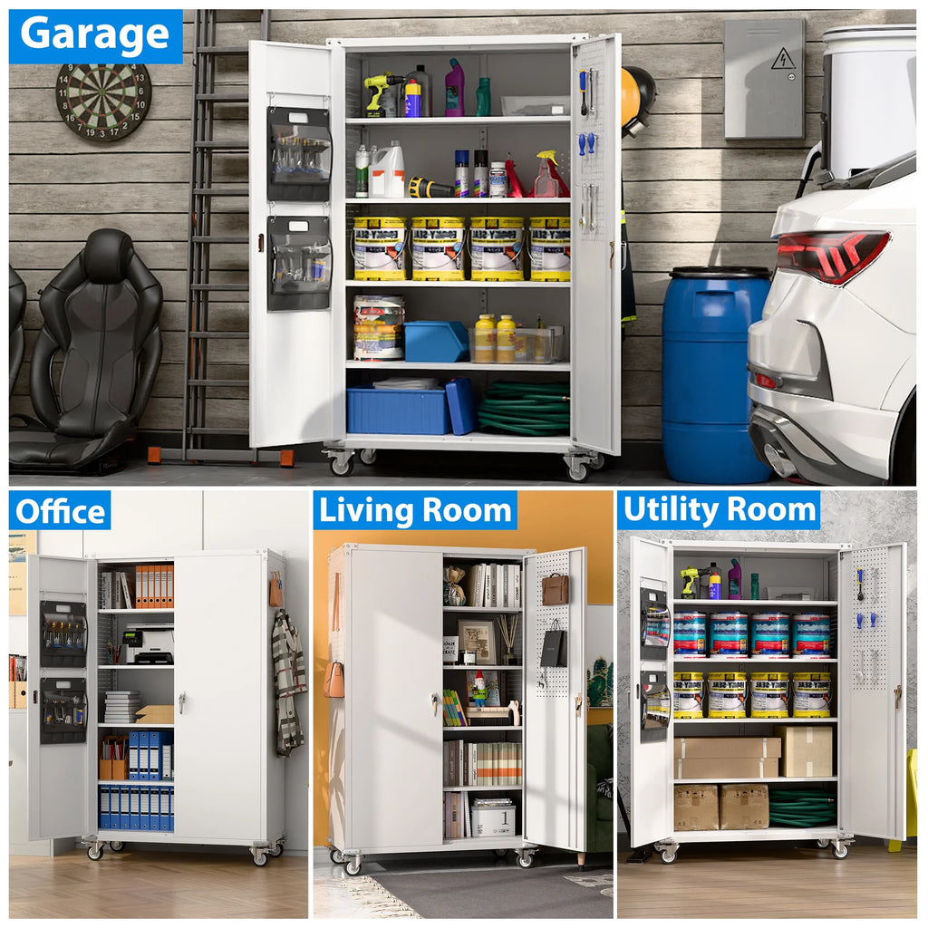 SUPEER 71" Metal Storage Cabinets with Wheels and Pegboards, Industrial Cabinet with 2 Drawers and 2 Adjustable Shelves,, Assembly Required