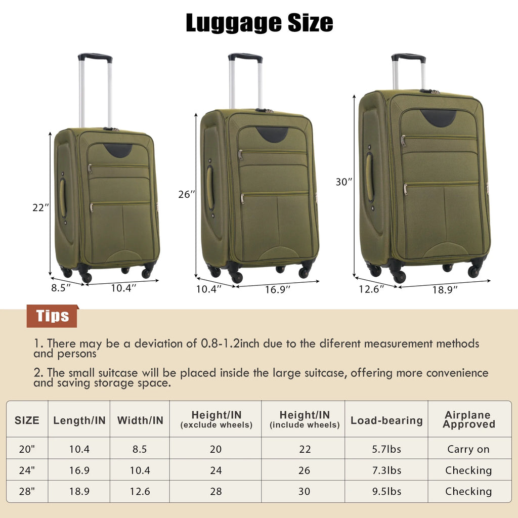 EUROCO 3 Piece Softside Luggage Set,Expandable Suitcase Set with TSA Lock and Spinner Wheels,Lightweight Suitcase for Men Women(20",24",28"),Black