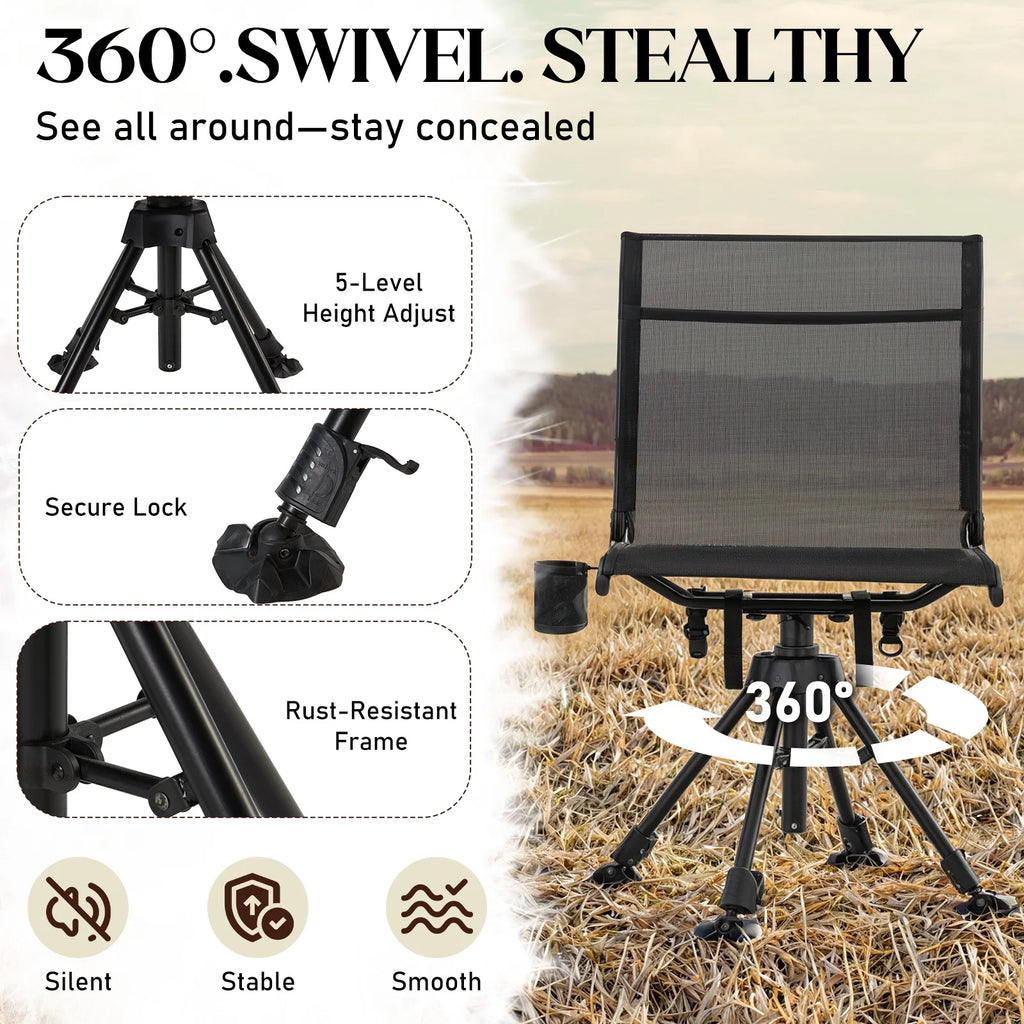 Danrelax 360�� Silent Camo Hunting Blind Chair, Armrests, Side Pouch, Telescopic Legs