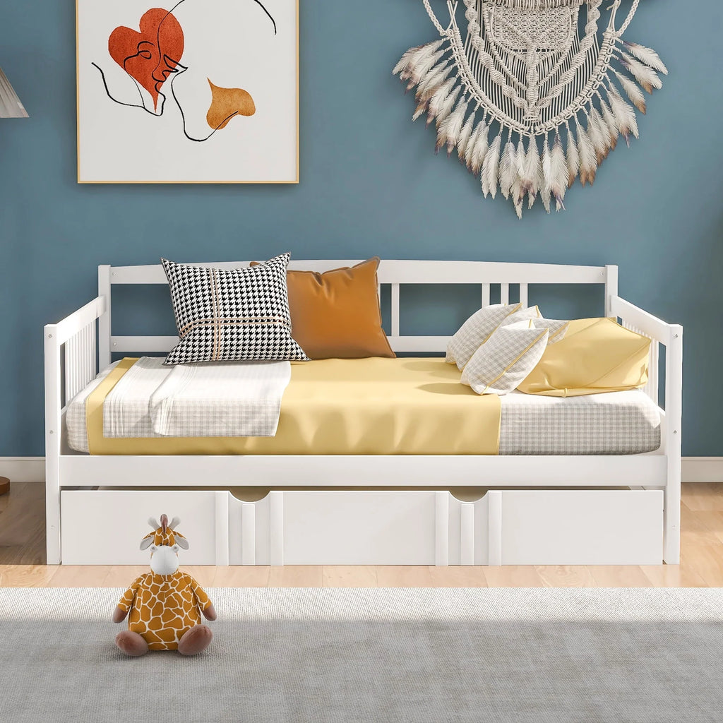 Daybed with Trundle Included, Full Size Daybed Bed Frame with Headboard and Footboard, Living Room Sofa Bed with Pull Out Bed, Wood Single Bed for Kids Boys Girls, No Box Spring Needed, White, J948