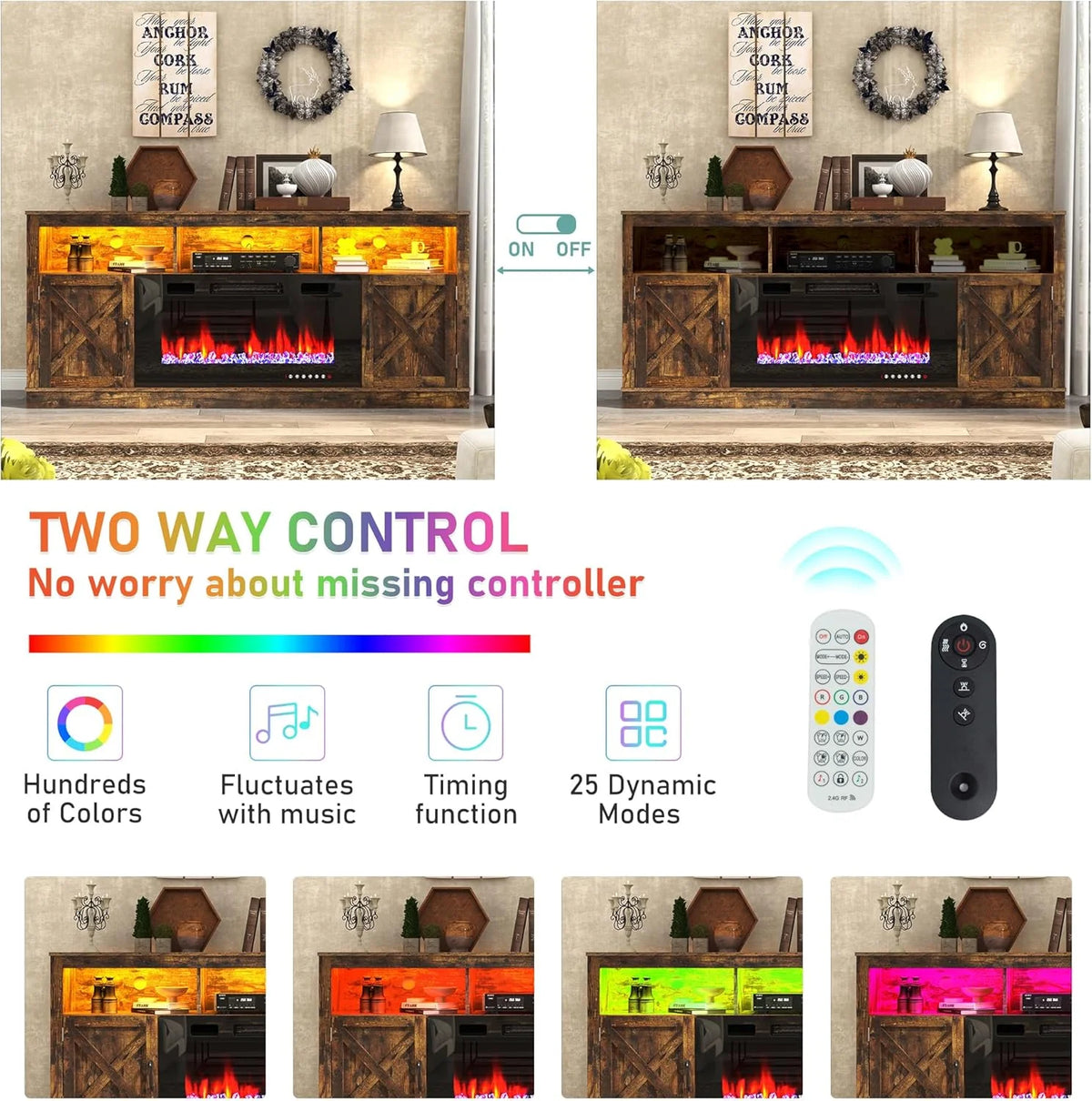 ChVans 70" Fireplace TV Stand for TVs up to 80" with 36" Electric Fireplace, Farmhouse Entertainment Center with LED, Wooden Media Console for Living Room, Bedroom