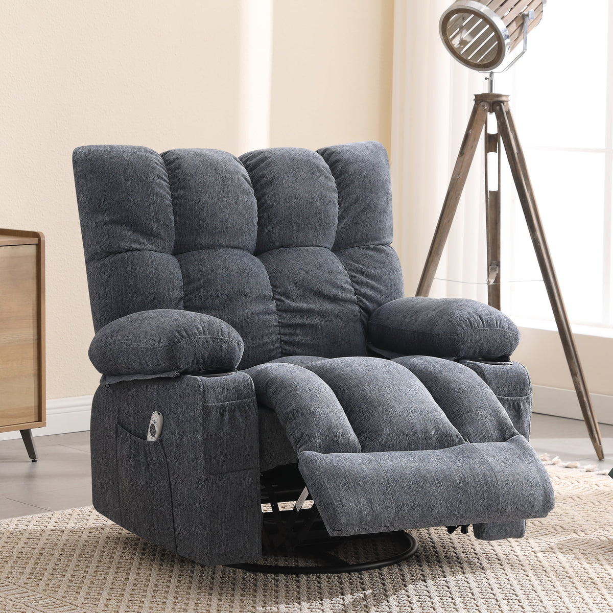 JONPONY Manual Recliner Chair with Heat Therapy and Massage Function, Heavy Duty Reclining Mechanism Massage Chair, Elderly Single Rocker Sofa with Cup Holders for Bedroom Home Theater,Grey