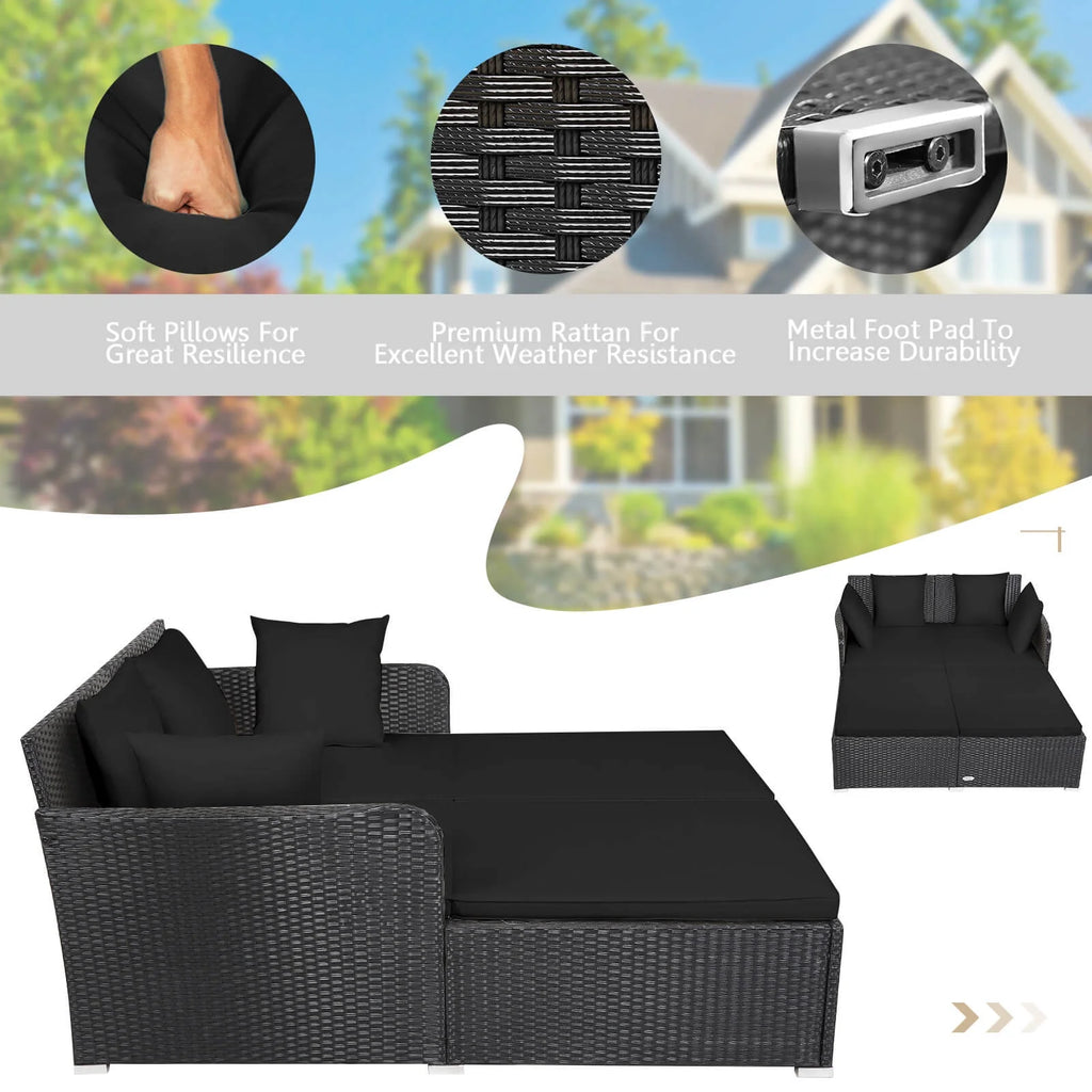 Costway Outdoor Patio Rattan Daybed Pillows Cushioned Sofa Furniture Beige
