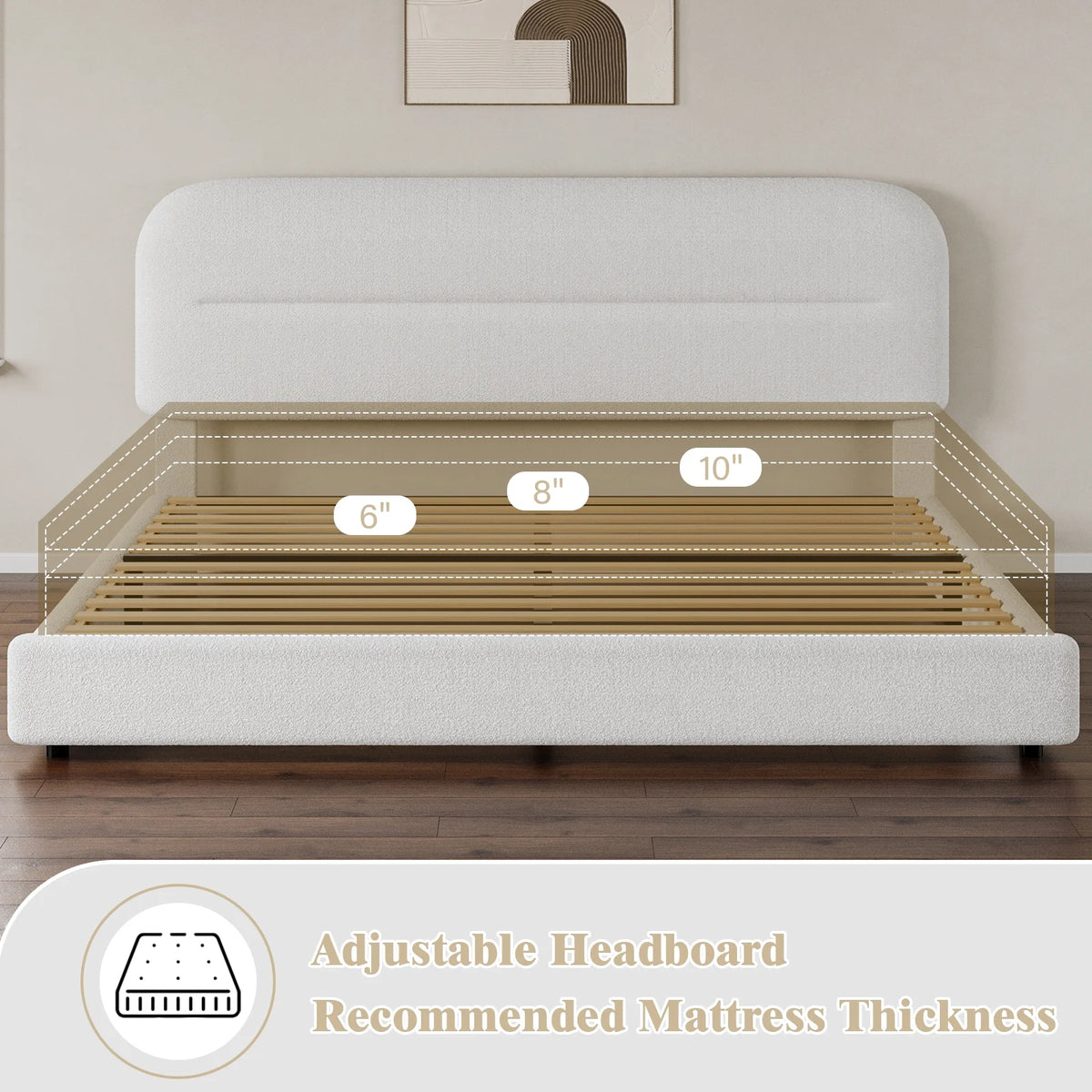 4 EVER WINNER Queen Bed Frame with Headboard, Boucle Upholstered Platform Bed Frame wiith Rounded Corner, Soft Cloud Bed Frame, No Box Spring Needed, White