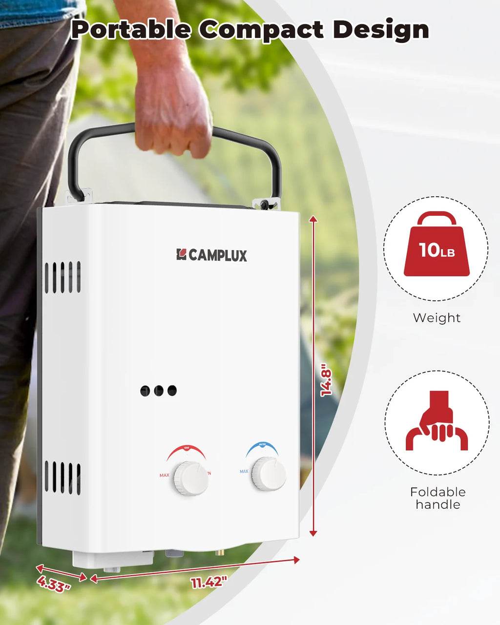 CAMPLUX Portable 1.32 GPM 34,000 BTU Propane Tankless Water Heater for Outdoor