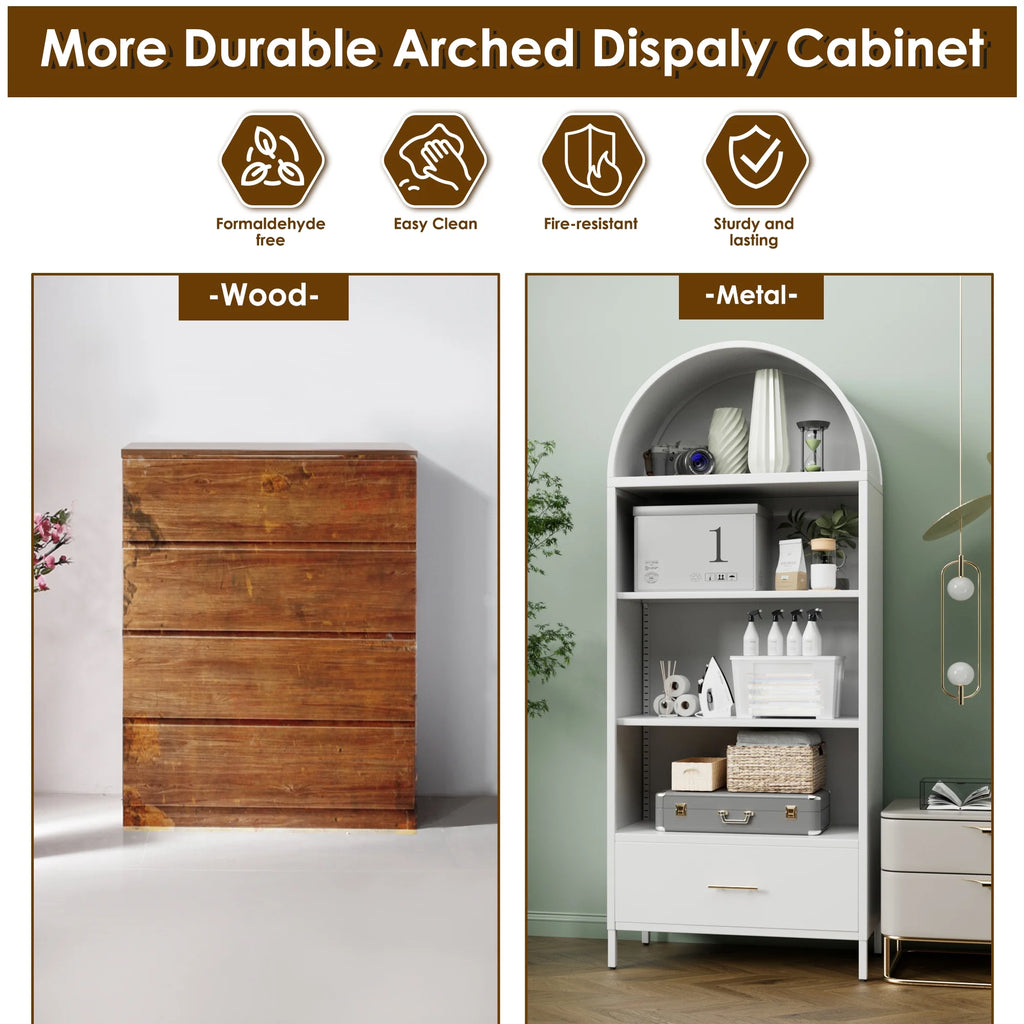 SUPEER Metal Arched Storage Display Cabinet with Glass Doors and Adjustable Shelves, Lockable Cabinet, Assembly Required, Black