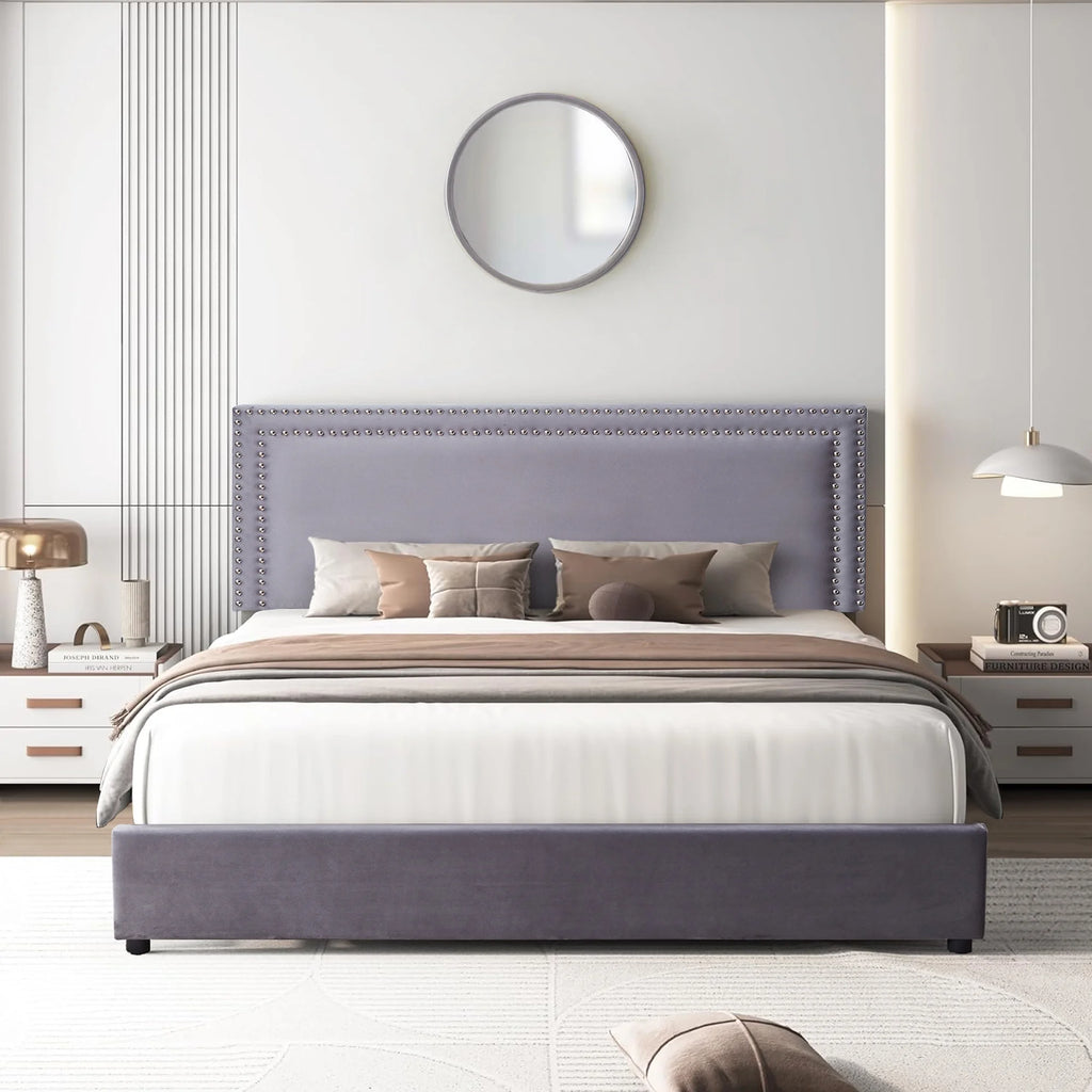 VECELO Full Bed Frame with 4 Storage Drawers (Wheeled) and Tufted Upholstered Adjustable Headboard Platform Bed, Beige