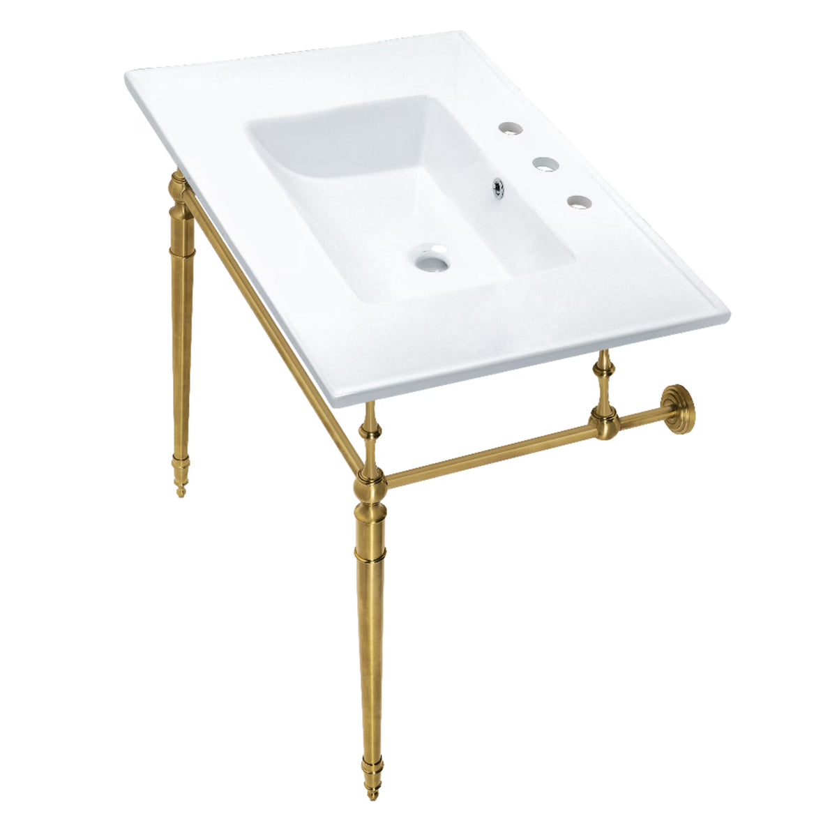 Kingston Brass KVPB31227W8PN Edwardian 31" Ceramic Console Sink with Brass Legs (8-Inch, 3-Hole), White/Polished Nickel