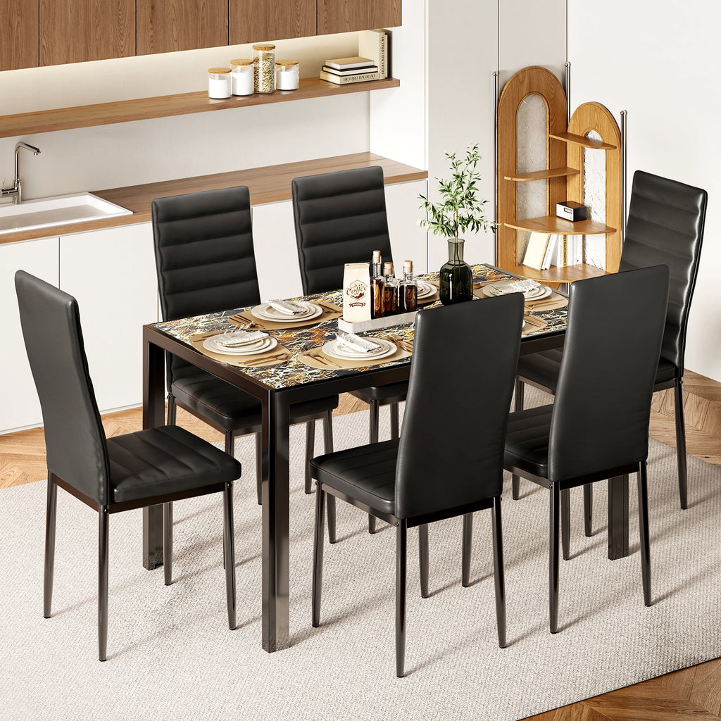 Asofer Modern 7 Piece Dining Table Sets for 6, Glass Kitchen Table, PU Leather Chair, Dining Room, Black