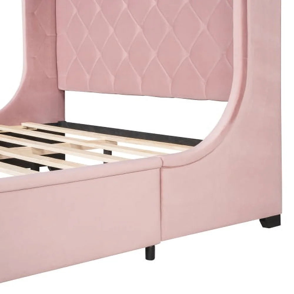 Queen Bed Frame with Storage Drawer, Velvet Upholstered Storage Bed, Wood Platform Bed Frame with Wingback Headboard and a Big Drawer(Beige)