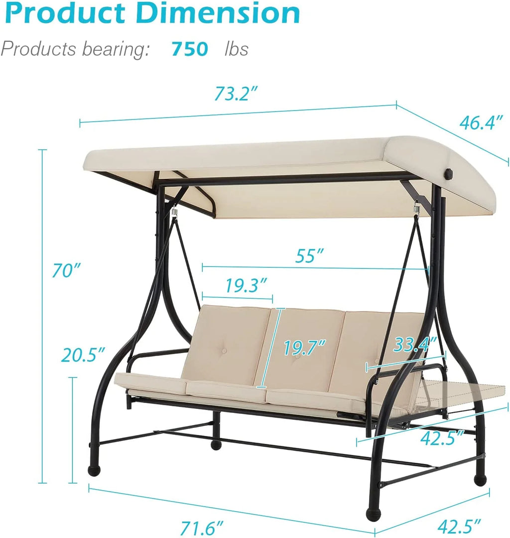 AECOJOY 3 Person Canopy Steel Porch Swing, Converting Swing Glider Hammock-Beige
