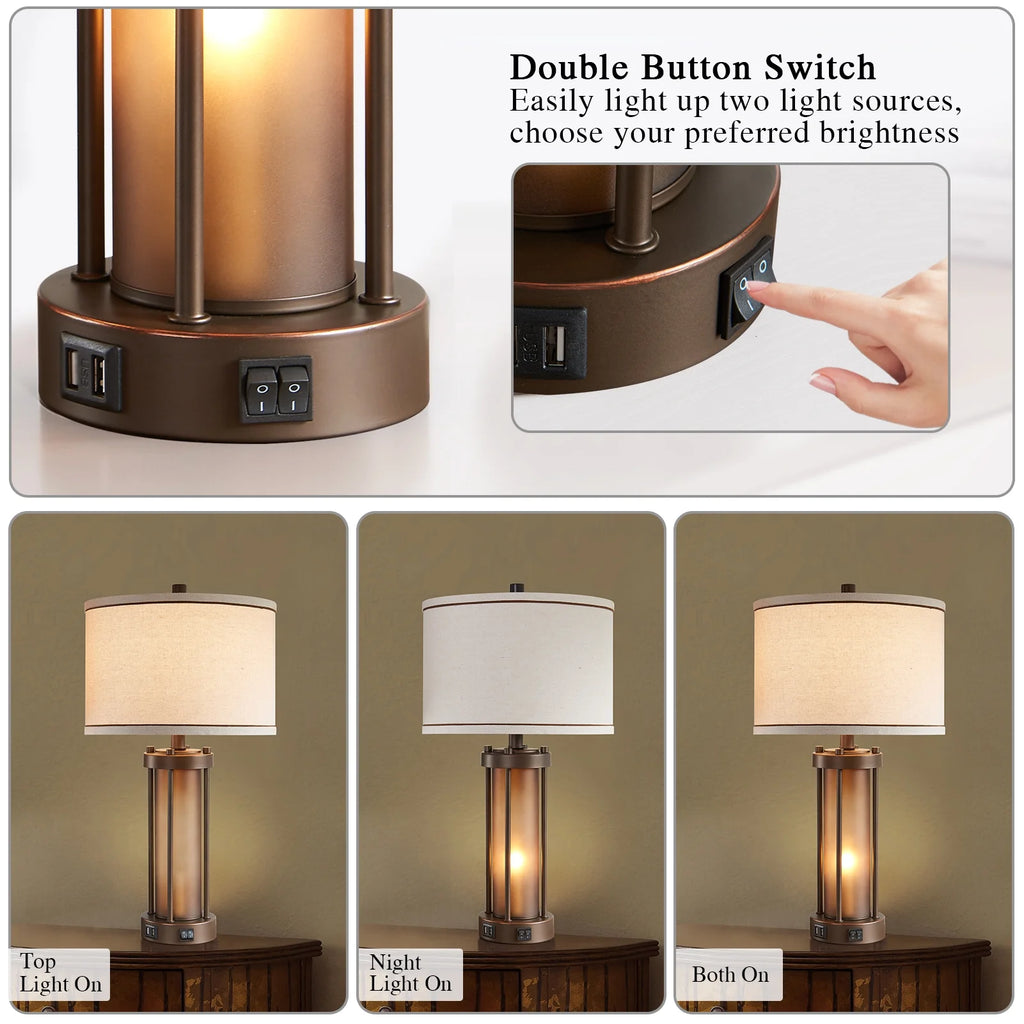 RORIA 24a?? Modern Living Room Table Lamp 2-Piece Set with 2 USB Charging Ports, Built-in White Frosted Glass with Night Light, Black Vintage Rustic Farmhouse Lamp for Bedroom Nightstand Lamps