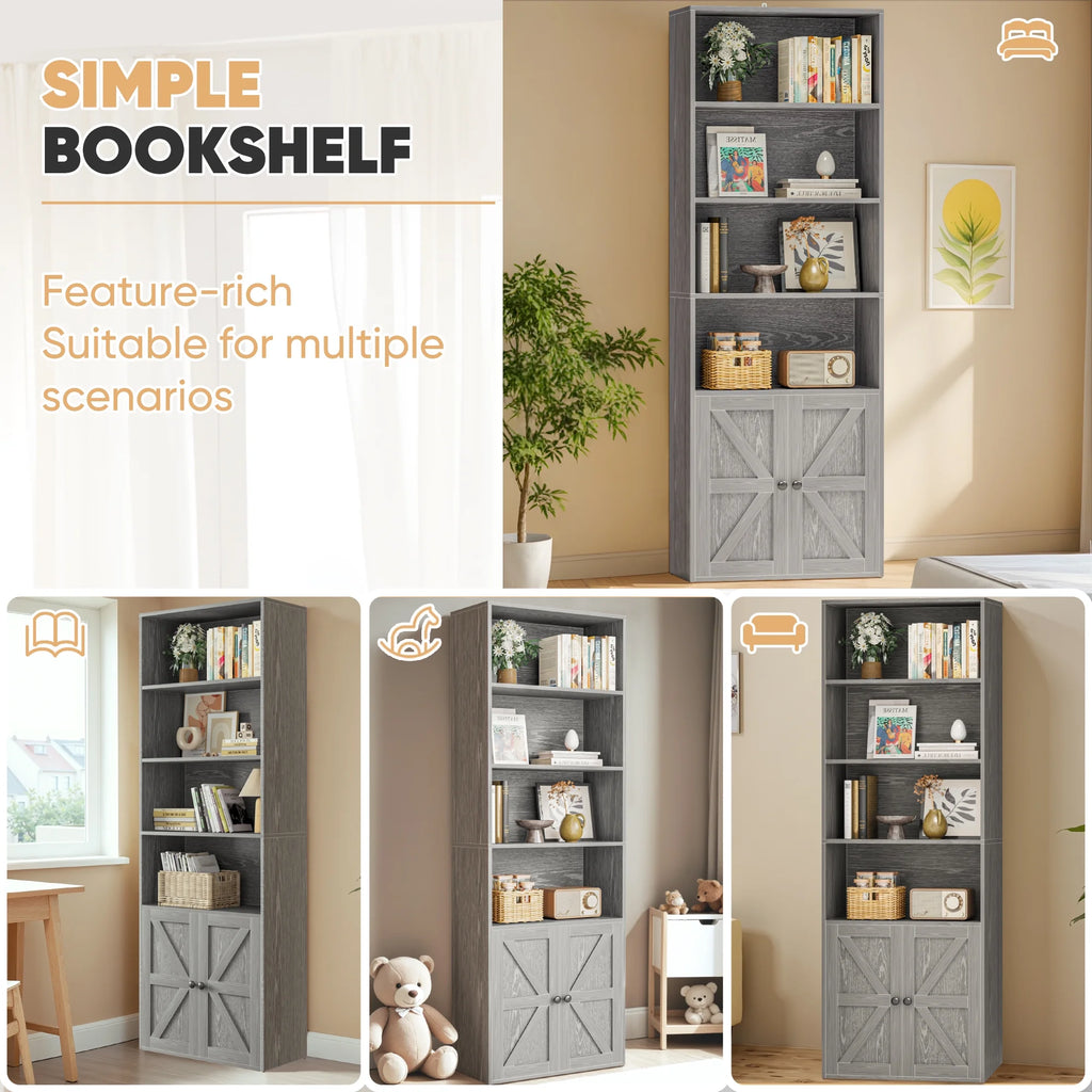Furmax 1 Piece 4-Shelf Farmhouse Bookcases 4-Tier Bookshelf with Adjustable Shelves&Doors,Storage Cabinet for Home Living room,Kitchen,Office,White