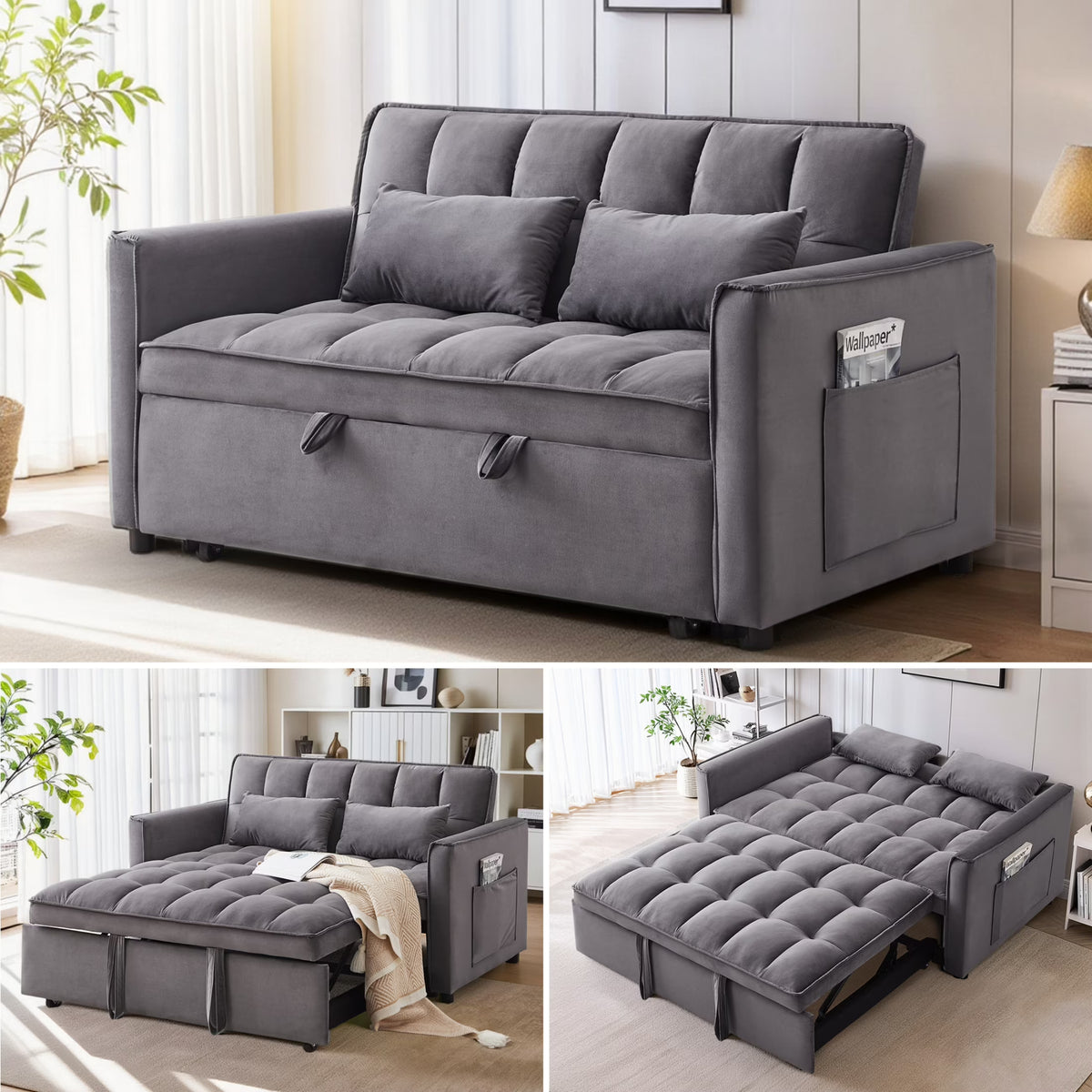 EPOWP Convertible Sofa Bed, 3 in 1 Pull Out Sleeper Loveseat Couch with Storage, Black
