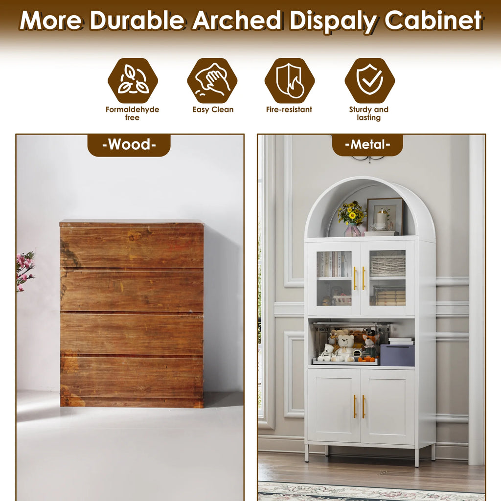 SUPEER Metal Arched Storage Display Cabinet with Glass Doors and Adjustable Shelves, Lockable Cabinet, Assembly Required, Black