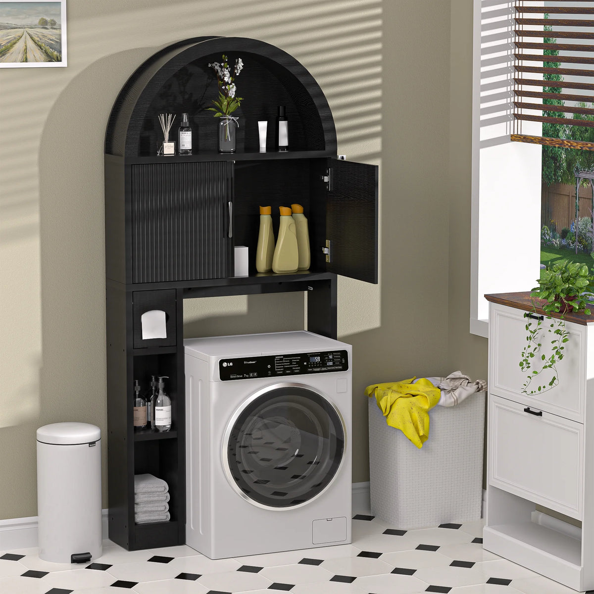 HARIPUL Over The Toilet Storage Cabinet w/ Unique Wood Grain & Arc Design, Freestanding Bathroom Shelf Organizer Space Saver w/ Doors & Anti-Tip Device, Wood Color