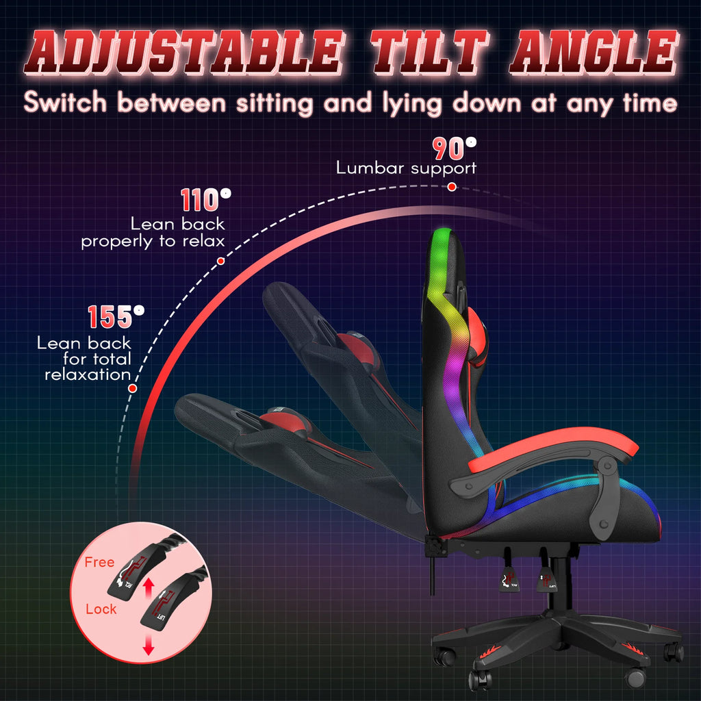 Bigzzia Gaming Chair with LED Lights Ergonomic Office Chair for Adults and Kids - Adjustable Height, 360�� Swivel, Headrest Support, Mesh PU Leather, Black & Green