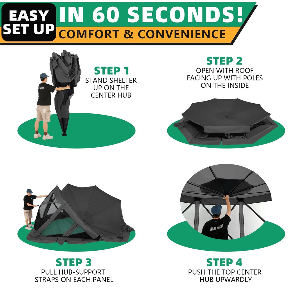 COBIZI 8x8 Pop up Gazebo Tent, Ez up Waterproof Screen Tent Screen House, Portable Outdoor Canopy Sun Shelter with 3 Sidewalls, Carry Bag & Ground Stakes for Camping, Garden and Picnics, Gray