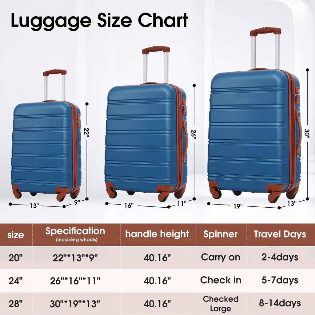 3 Piece ABS Luggage Set, Luggage with Spinner Wheel & TSA  20/24/28 inch, Purple
