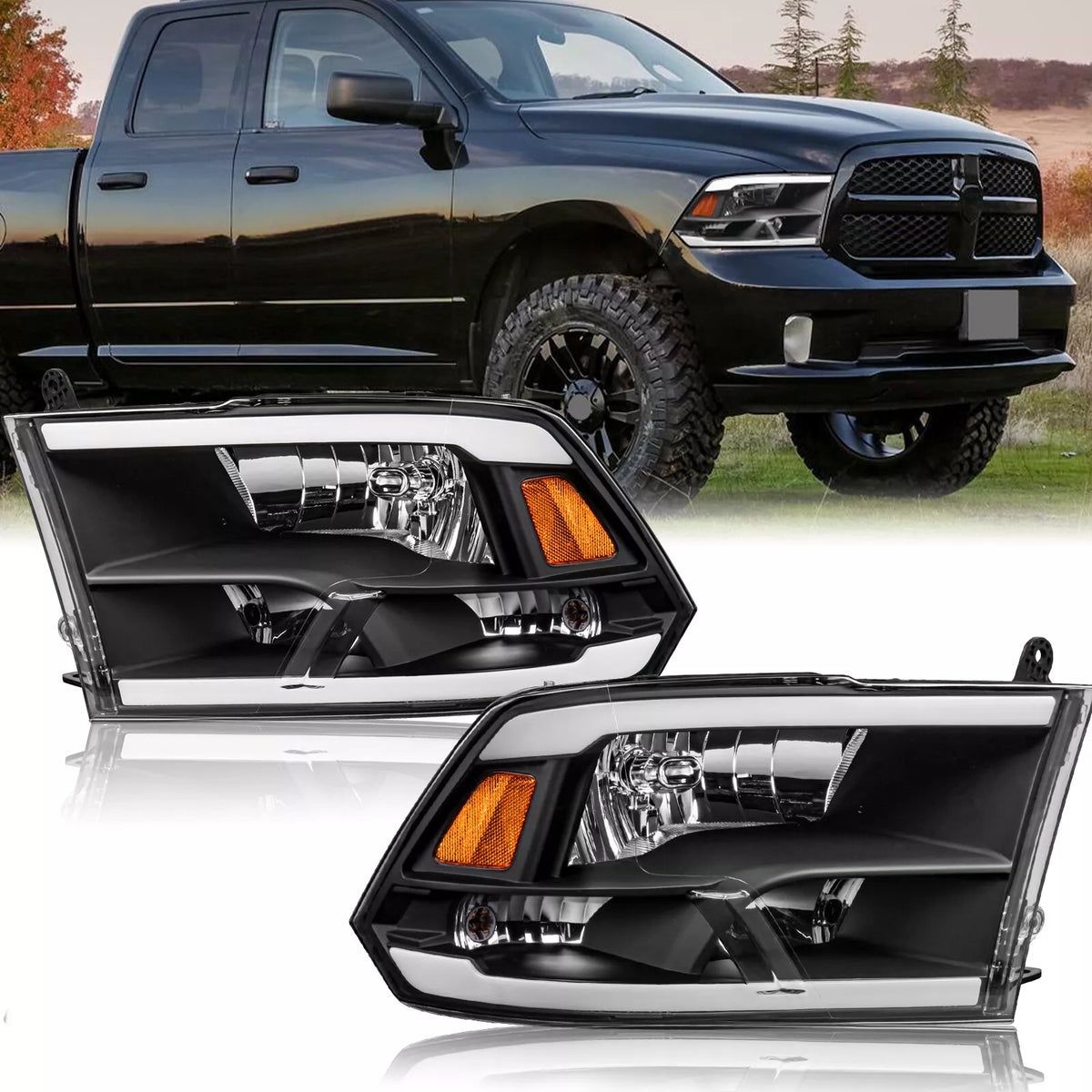MOSTPLUS Pair LED DRL Chrome Headlight for 2009-2018 Dodge Ram 1500 2500 3500 Halogen