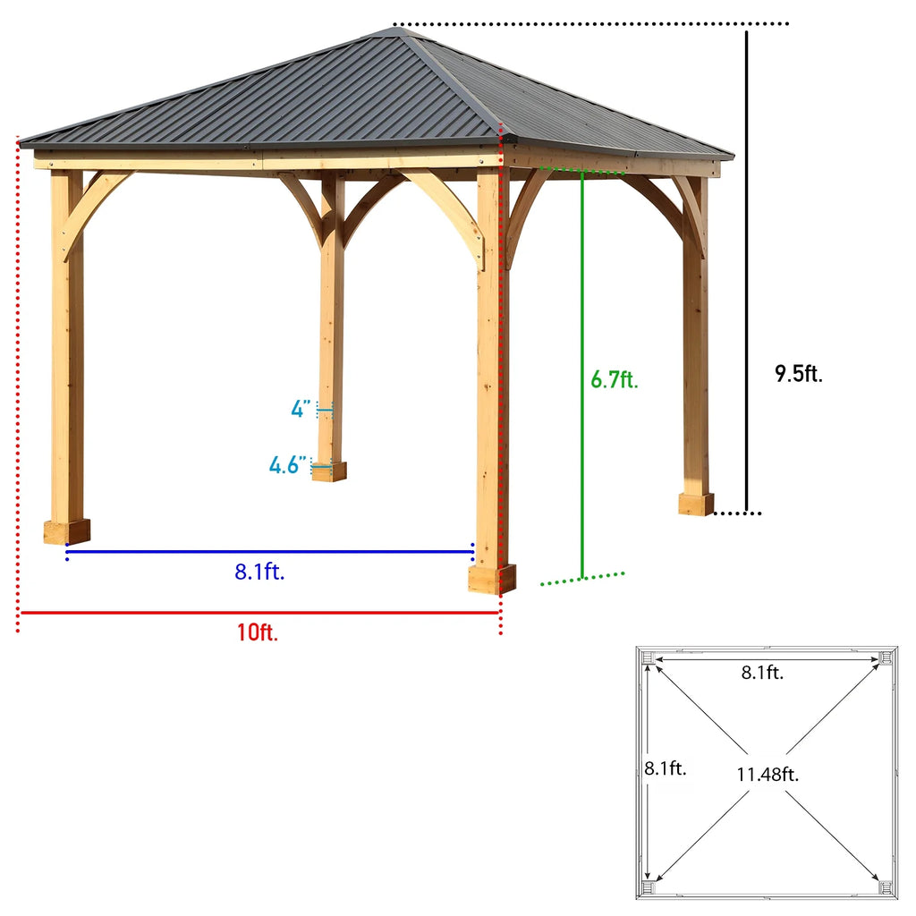 Aoodor 10 x 12 ft Wooden Frame Gazebo with 2-Tier Galvanized Metal Hardtop Roof, Outdoor Patio Gazebo with Charging Socket for Patio, Backyard, Deck, and Lawn