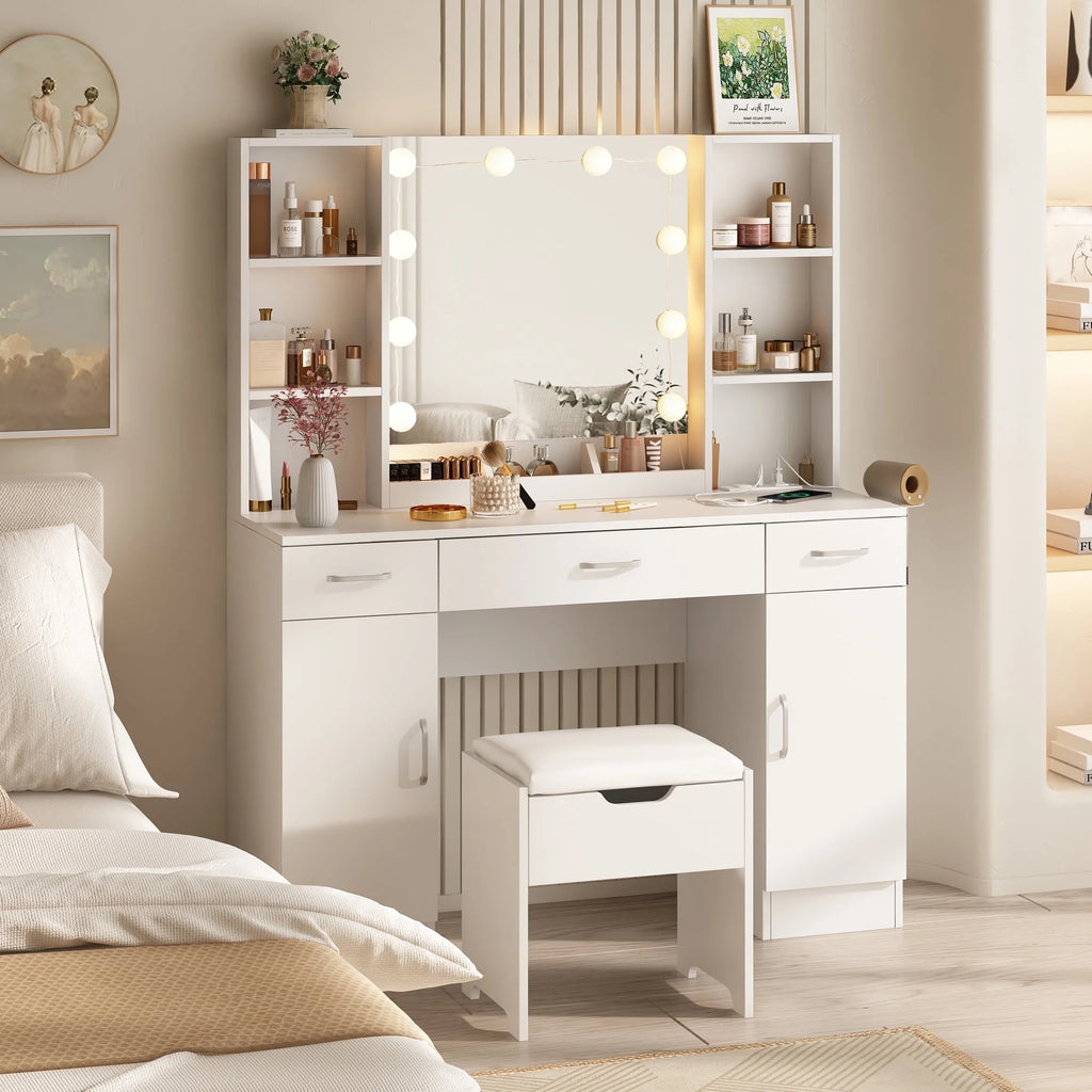VEANERWOOD Large Makeup Vanity Set with Light Modern Makeup Vanity Table with Storage and Adjustable Lighting Colors for Bedroom 45.2in, White