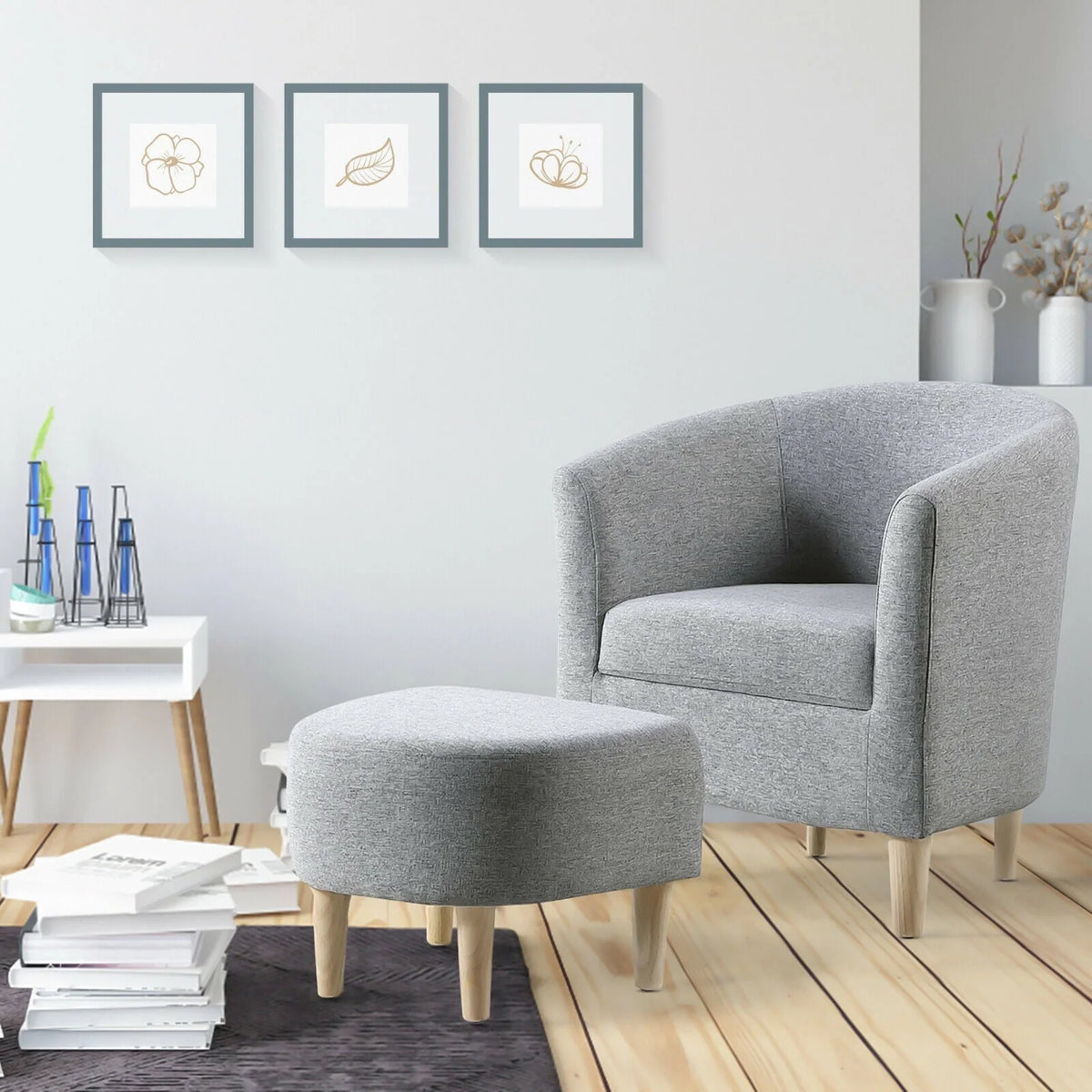 Lohoms Accent Arm Chair With Ottoman Set, Modern Home Leisure Chair with Footrest, Comfy Upholstered Armchair Single Sofa, Reading Chair with Solid Wood Legs for Living Room Bedroom, Gray