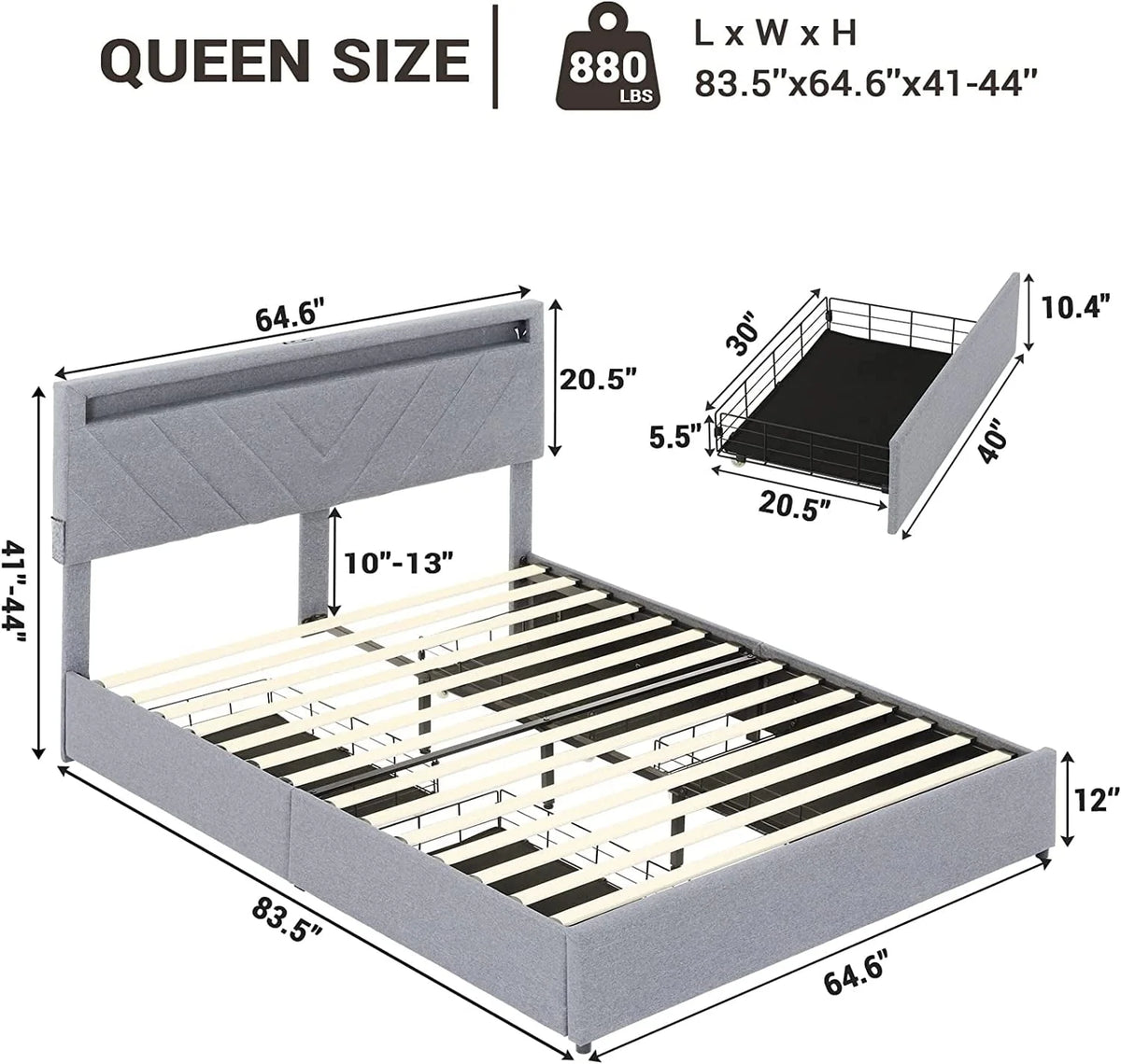 ADORNEVE Queen Size LED Bed Frame with Drawers, Upholstered Platform Bed with 2 USB Charging Station, No Box Spring Needed, Light Grey