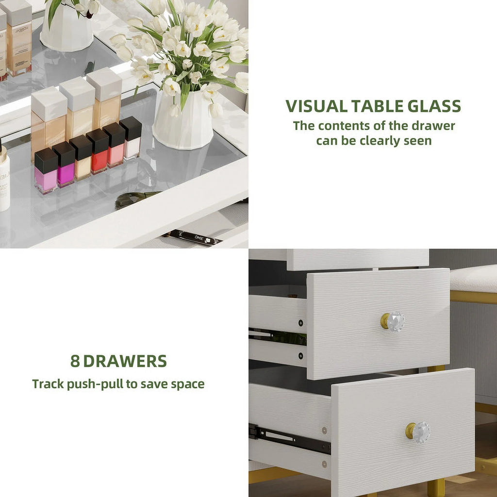 Uforic 55" Vanity Desk with Lighted Mirror & Power Outlet & 8 Drawers, Modern Makeup Vanity Table Set with Storage Stool, White