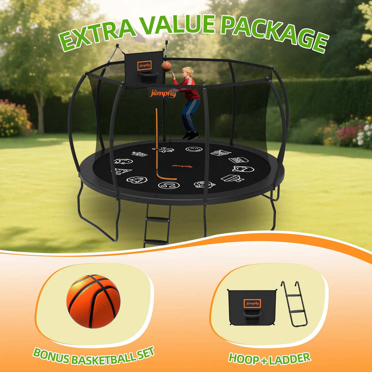 Jumpfly Trampoline 10FT Trampoline with Basketball Hoop-Curved Poles Reinforced Recreational Trampolines with Enclosure And Ladder-Outdoor Trampoline for Kids
