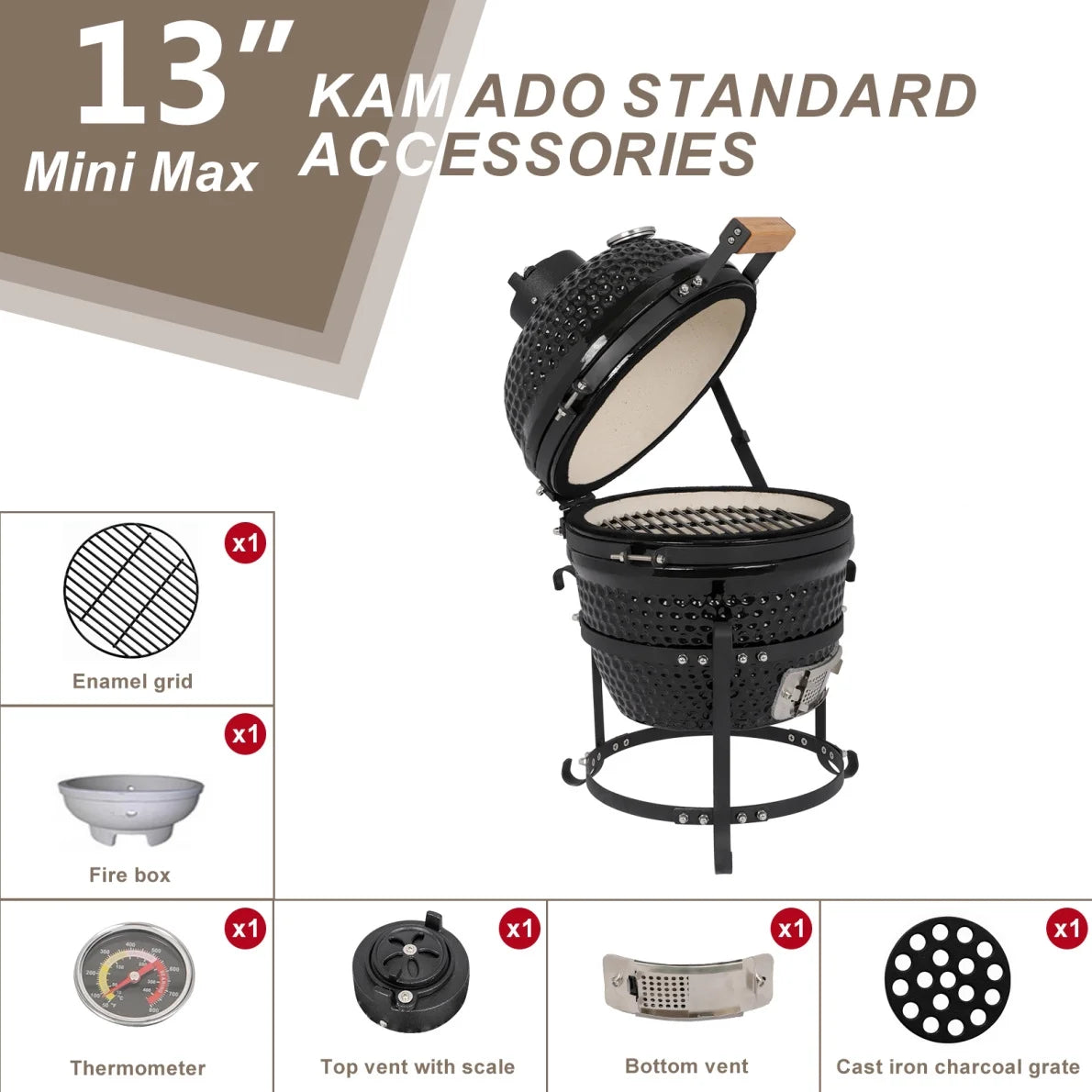 13in Ceramic Charcoal Kamado Grill with Heavy Duty Heat-Resistant Walls, 50-800��F Temp Control, for Backyard Grilling, Smoking, Baking, Orange