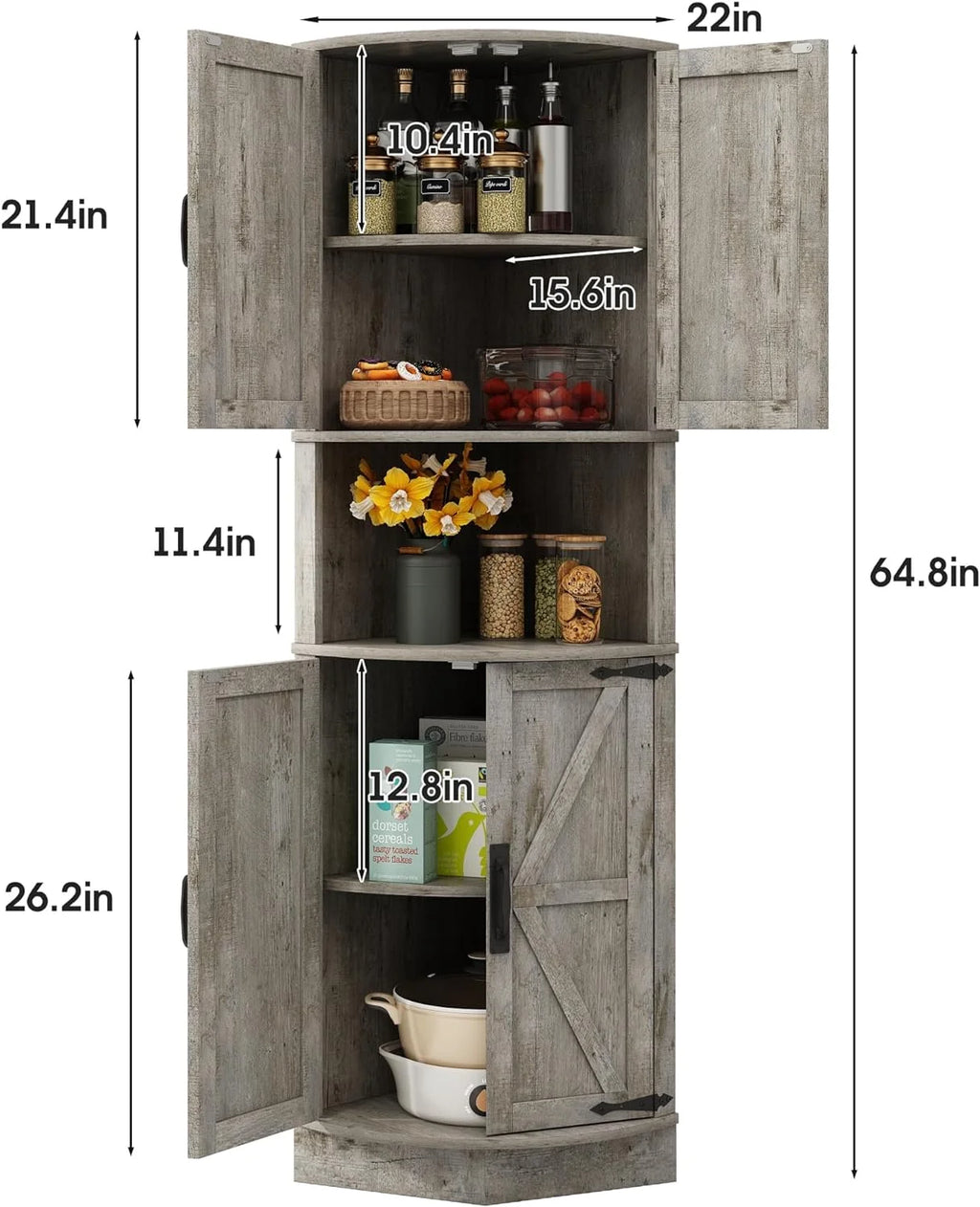 Vabches Farmhouse 64.8'' Tall Corner Cabinet with 4 Doors and 5 Storage Shelves for Kitchen, Living Room, White