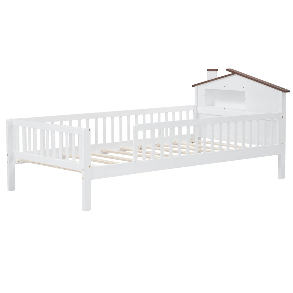 Euroco Wood Twin Size Platform Bed, House Bed with LED Light and Storage, White