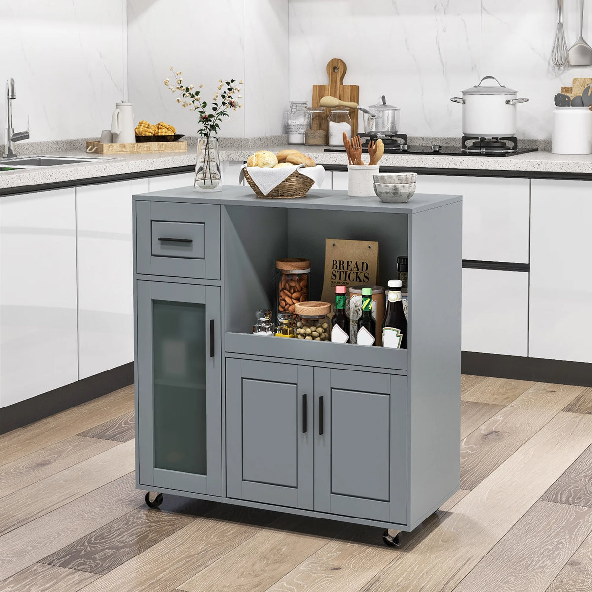 Gymax Kitchen Island Cart on Wheels Microwave Cabinet w/ Frosted Tempered Glass Door
