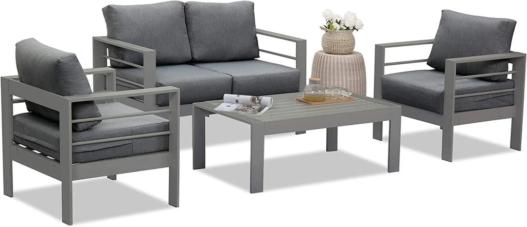Superjoe Patio Furniture Aluminum Sofa All-Weather Outdoor 3 Seats Couch Gray Metal Chair with Dark Grey Cushions
