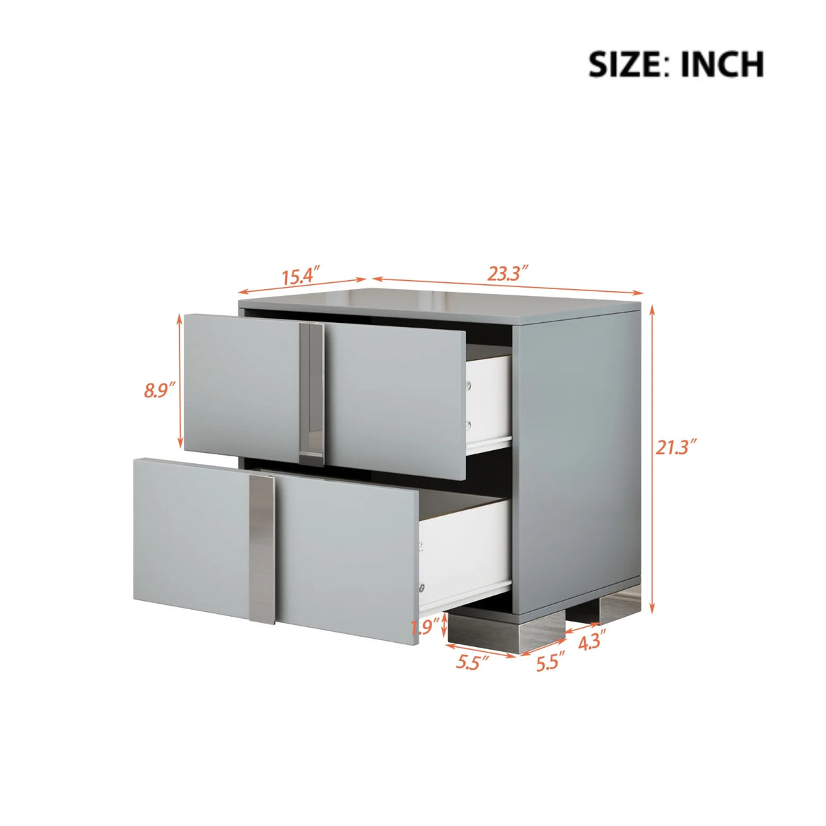 Elegant Nightstand with Metal Handle, Mirrored Bedside Table with 2 Drawers for Bedroom, Living Room, End Sofa Side Table for Living Room, Office, White
