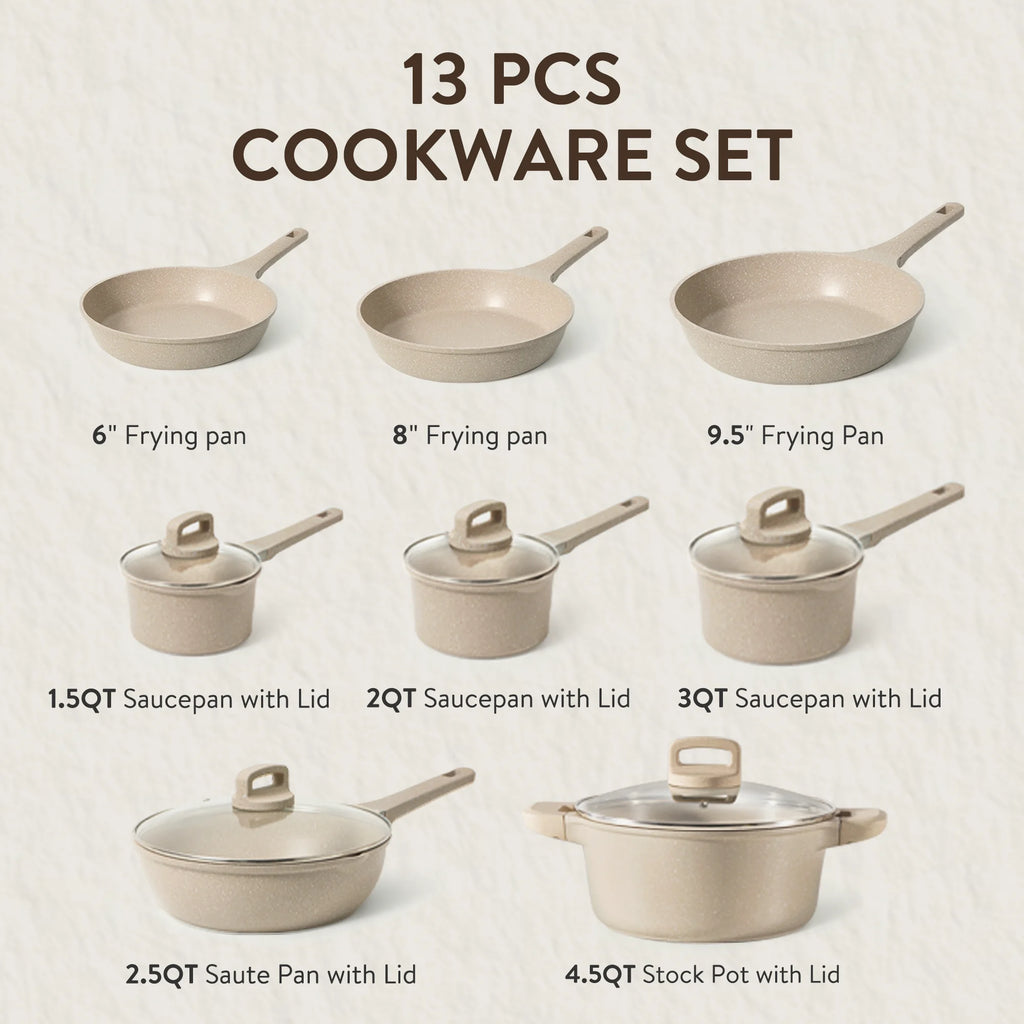 Carote 13 Pcs Nonstick Cookware Sets, Non Stick Pots and Pans Set, Induction Cookware, Taupe