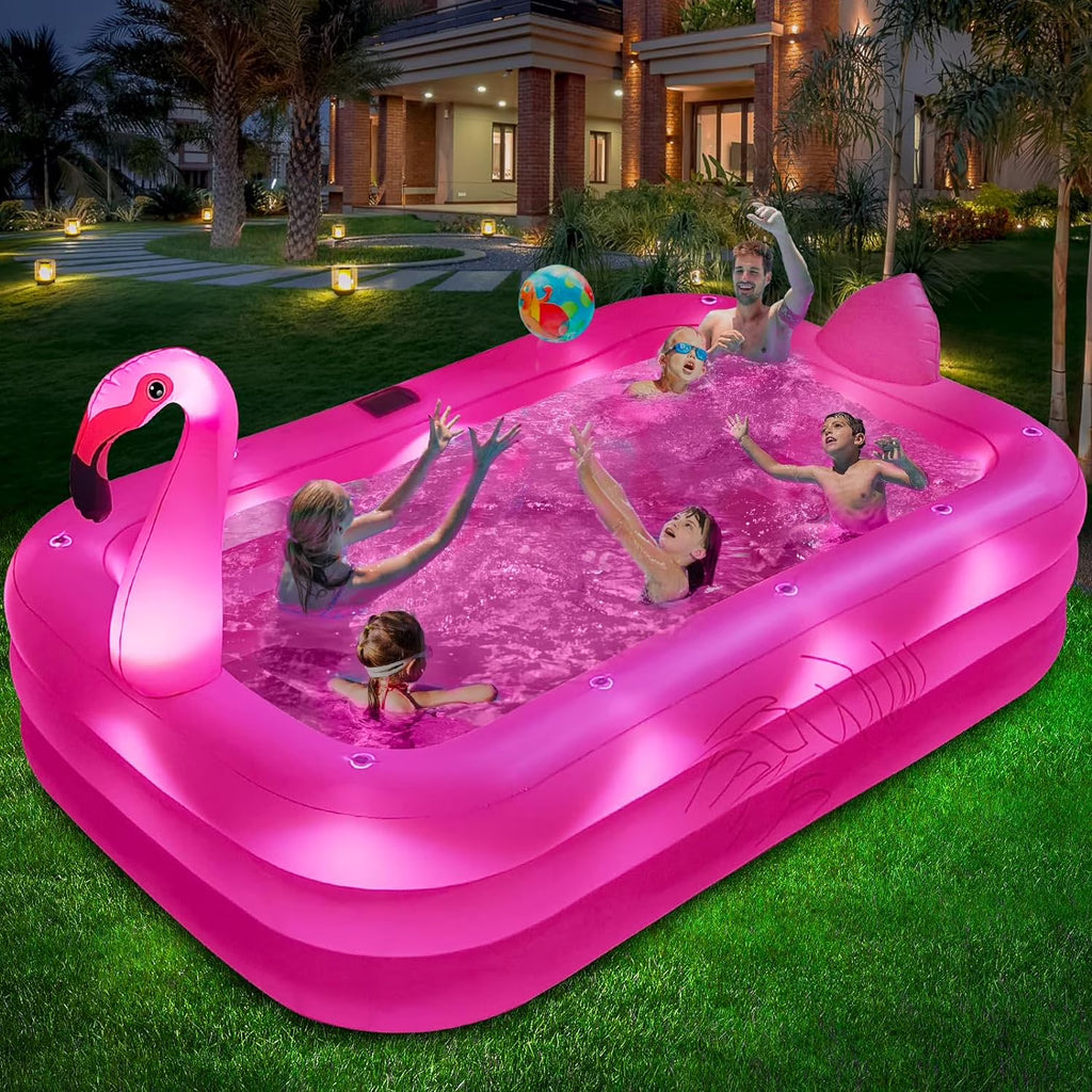 Inflatable Pool with Lights,  Solar Flamingo Swimming Pool for Kids,Adults Inflatable Blow up Pool, Large Kiddie Pool, Durable Thickened Inflatable Family Pool for Backyard,Outdoor,105"x65"x25"