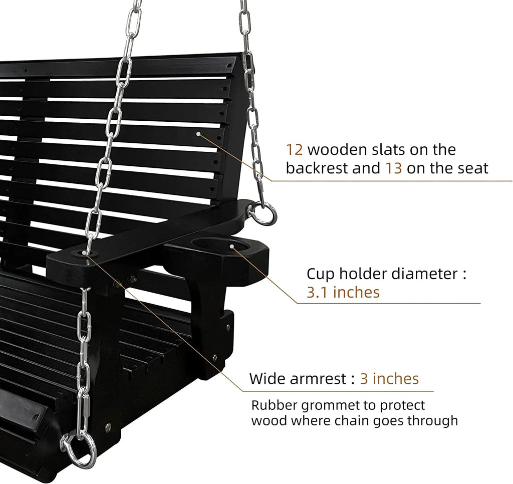 Fortune Candy 3 Person Outdoor Wood Hanging Swing, Heavy Duty 880 lbs Wood Porch Swing, Brown-5ft