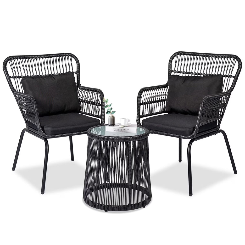 Tappio 3-Piece Patio Conversation Bistro Set Rattan Furniture, Outdoor Patio Set w/Glass Top Table & Cushions for Garden Balcony Backyard Poolside, Yellow/Beige