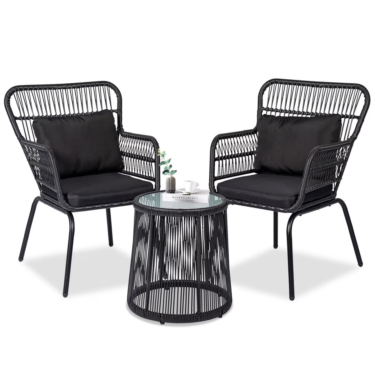 Tappio 3-Piece Patio Conversation Bistro Set Rattan Furniture, Outdoor Patio Set w/Glass Top Table & Cushions for Garden Balcony Backyard Poolside, Yellow/Beige