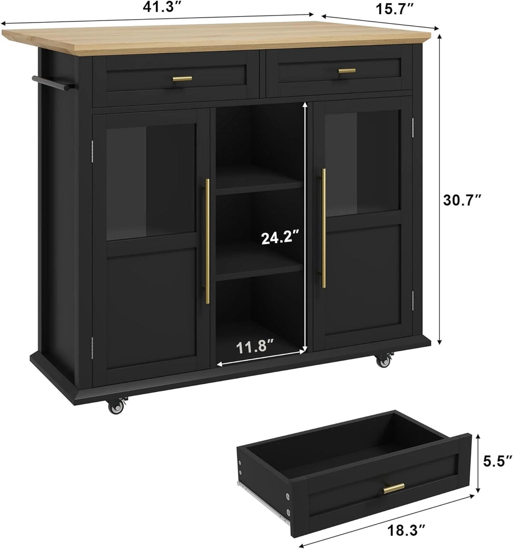WALYWIK Foldable Kitchen Island Cart with Wheels, 2 Glass Doors, Spice Rack & Towel Holder �C Compact Mobile Storage Cart for Small Kitchens, Dining Rooms, Camping & RVs - Grey