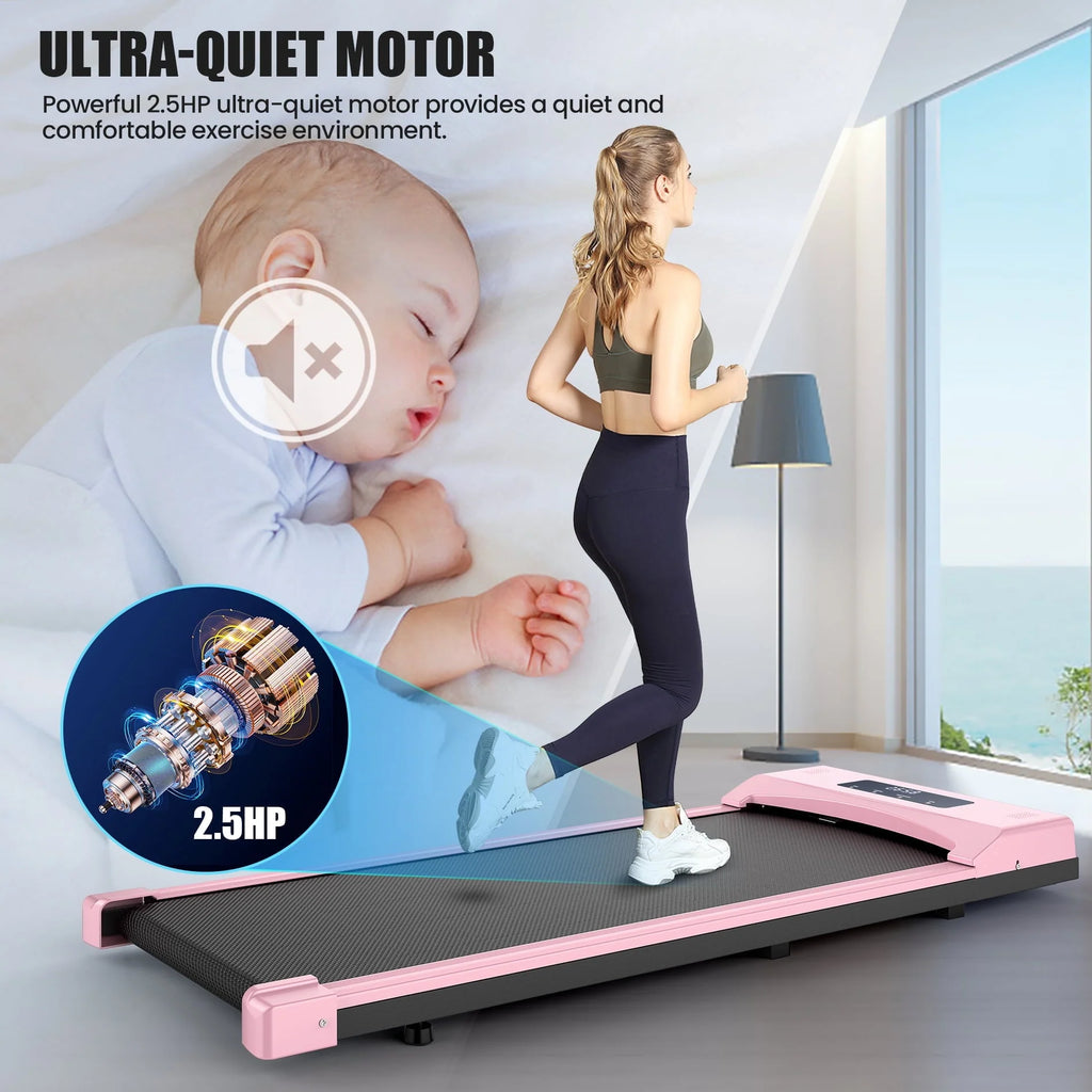 Adnoom Under Desk Treadmill,2.5HP Installation-Free Slim Flat Compact Treadmill,Electric Quiet Walking Treadmill with LED Display and Wireless Remote Control for Home/Office (pink)