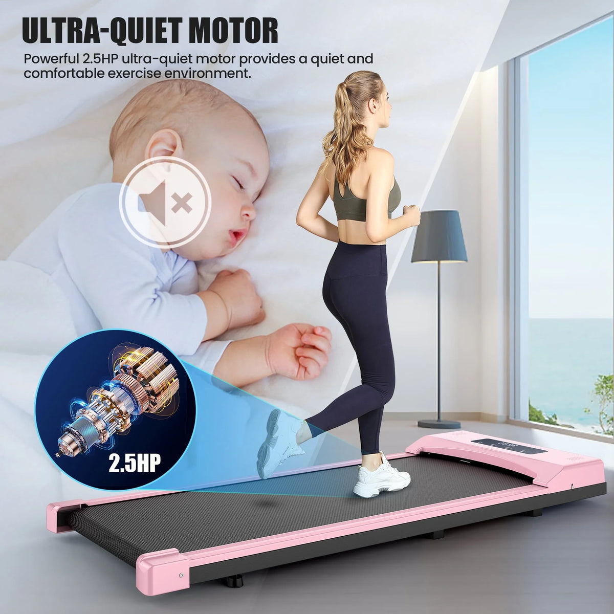 Adnoom Under Desk Treadmill,2.5HP Installation-Free Slim Flat Compact Treadmill,Electric Quiet Walking Treadmill with LED Display and Wireless Remote Control for Home/Office (pink)