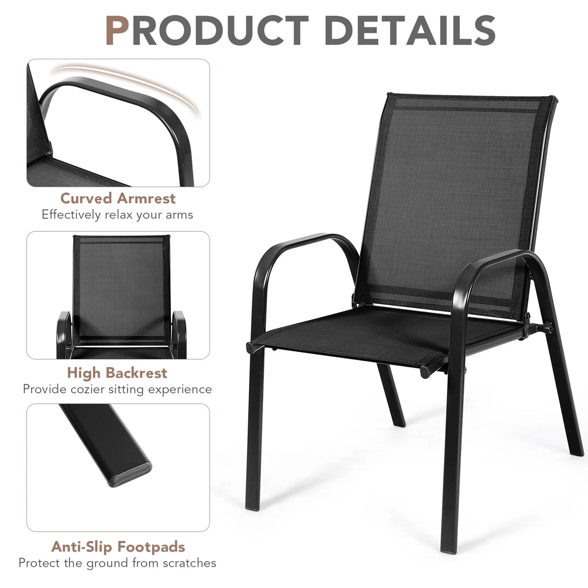 Gymax Set of 4 Patio Chairs Dining Chairs w/ Steel Frame Yard Outdoor Grey